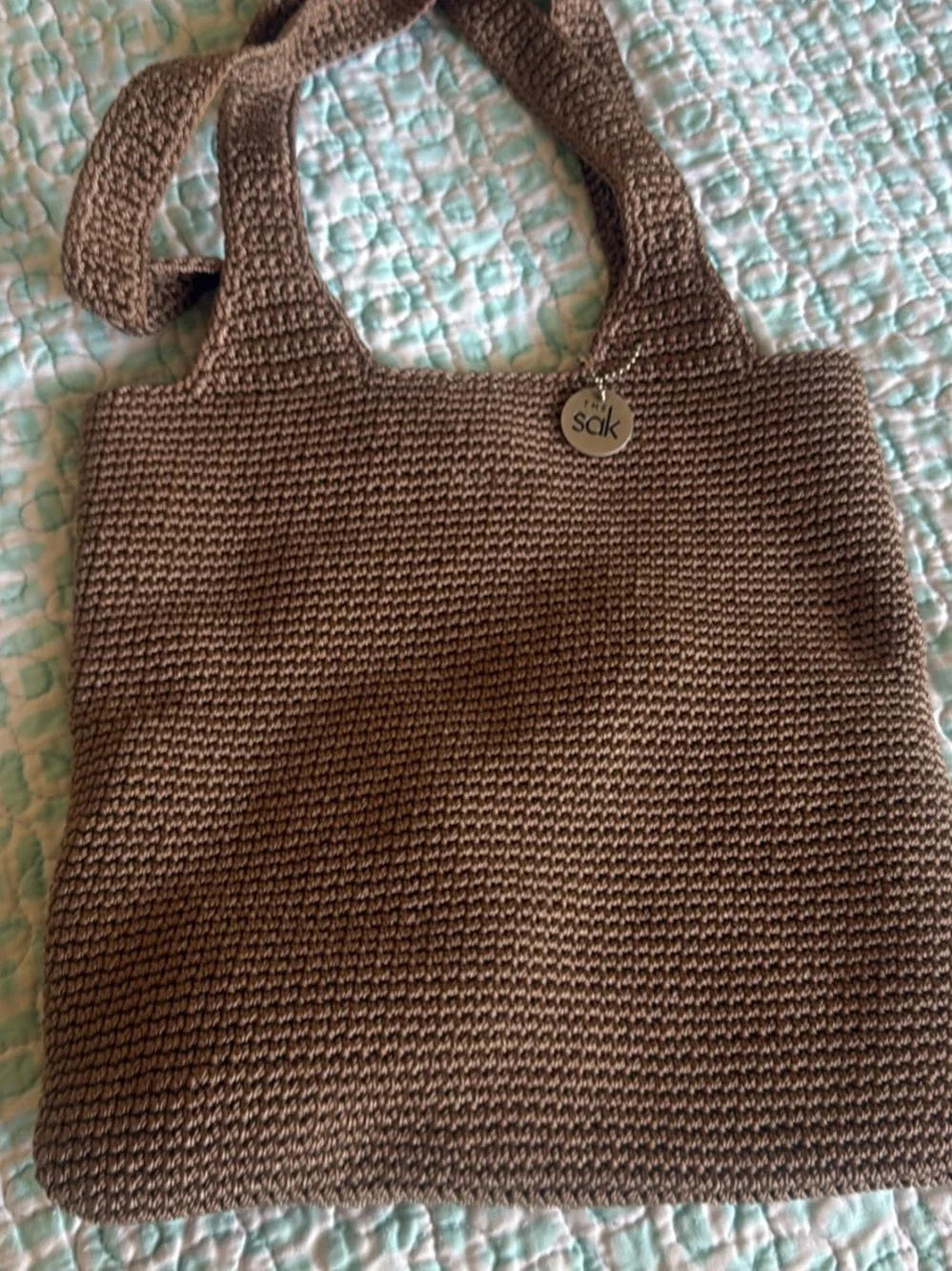 The Sak Brown Crochet Tote with Branded Button